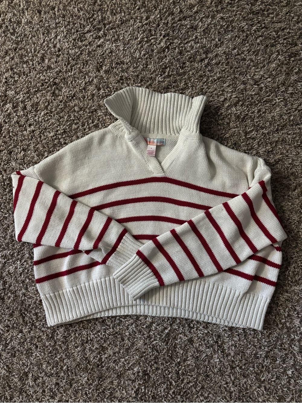 Cropped Cream Turtleneck Sweater with Red Stripes